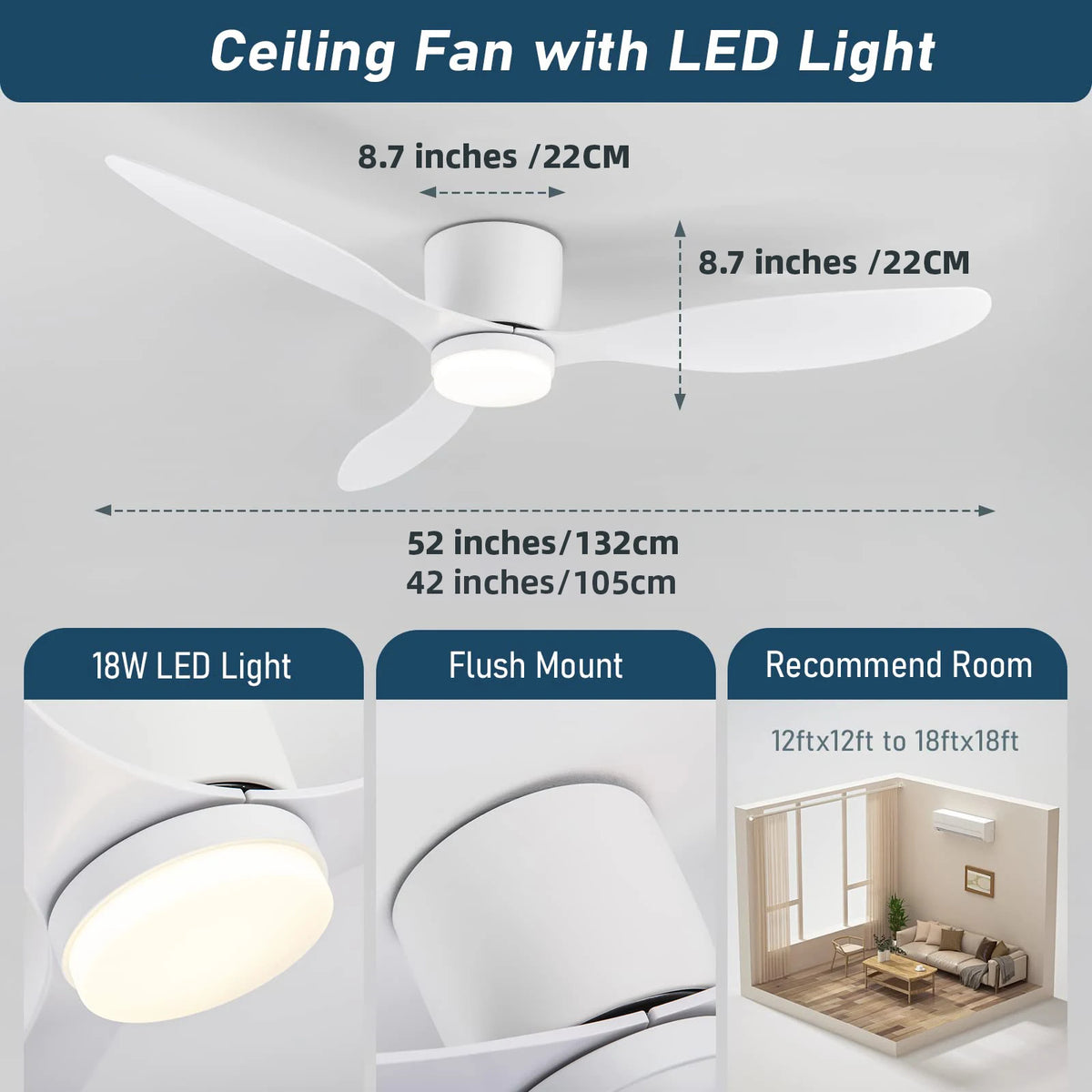 IRALAN 42 Inch/52 Inch Ceiling Fan with Light Remote Control, Modern Ceiling Fan for Bedroom, Living Room-Black/White/Wood