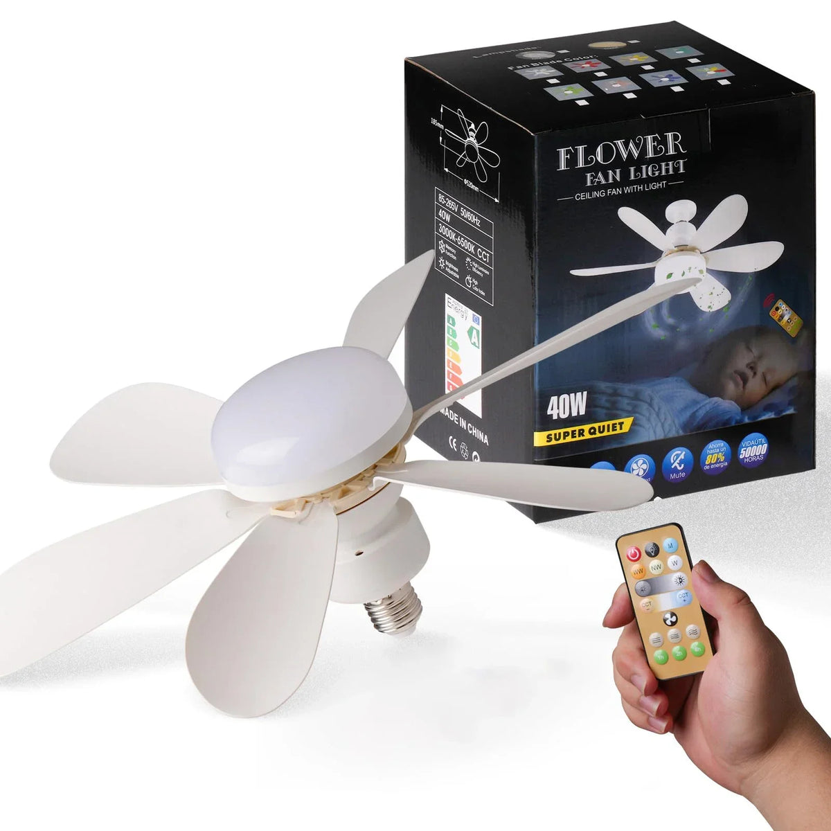 LED 40W ceiling fan light E27 with remote control for dimming, suitable for living room, study, household use, 85-265V